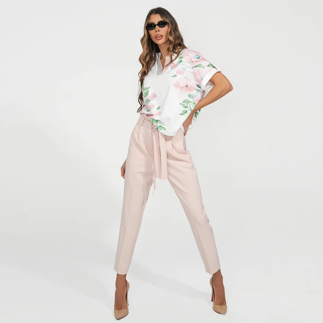 Розов панталон Junona с висока талия и колан