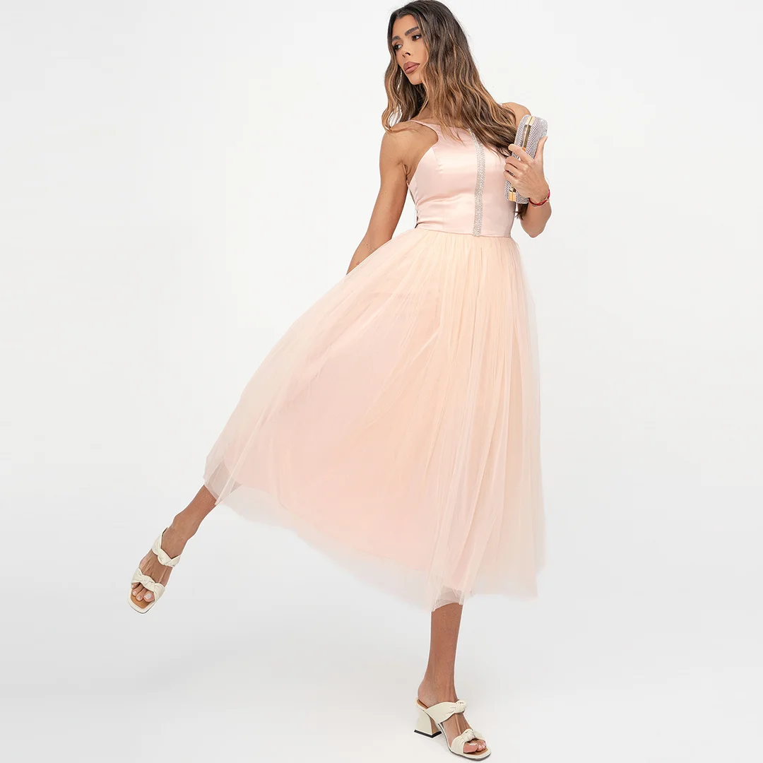 Дълга рокля с тюл Junona Pink