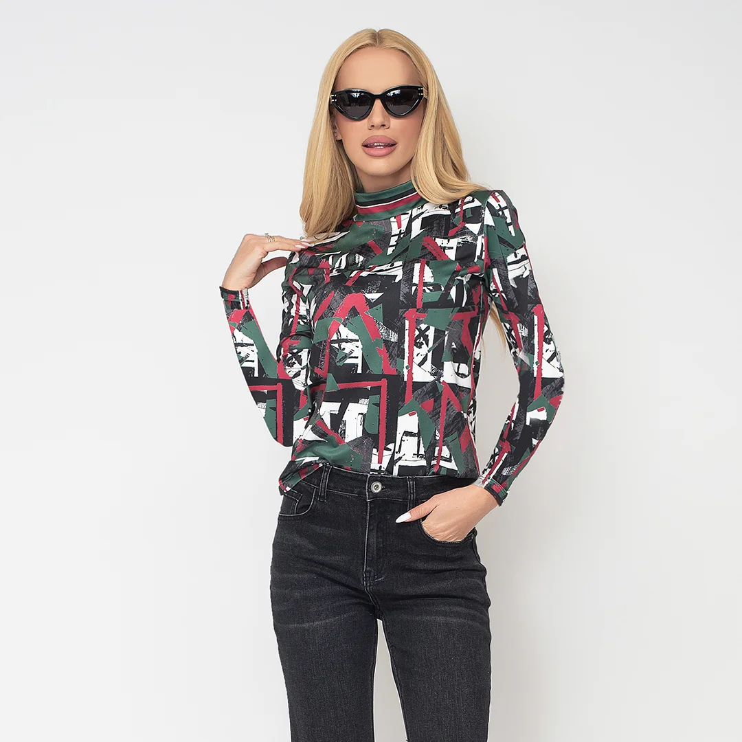 Щампована блуза с висока яка - Junona Щампована блуза с висока яка